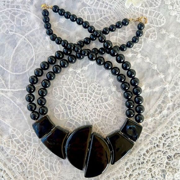 Vintage 80’s Japanese Black Lacquer Geometric Design Necklace - Picture 3 of 9